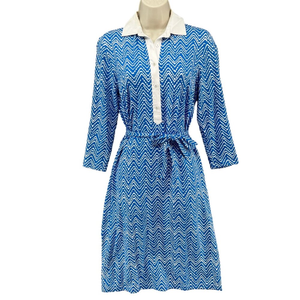 J McLaughlin Lawrence Catalina Cloth Dress Blue White Belted Long Sleeve Sz XS